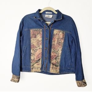 Erin London 80s 90s Vintage Floral Garden Tapestry Chambray Denim Button Jacket